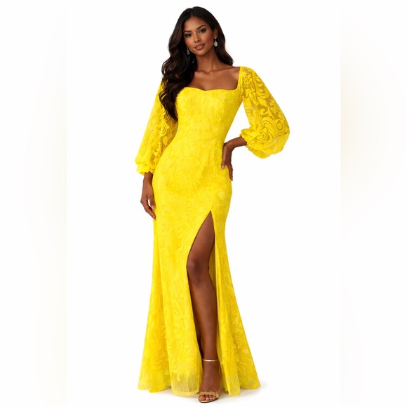 Sequin Yellow Formal Evening Gown With Balloon Sleeves - Picture 4 of 9